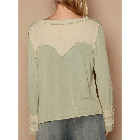 Nwot POL Ribbed Long Sleeve Henley Shirt Top Green Distressee Oversized Small - Picture 2 of 11